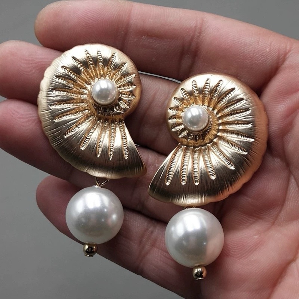 Gold and Cream Nautical Shell Earrings with Pearl Drops